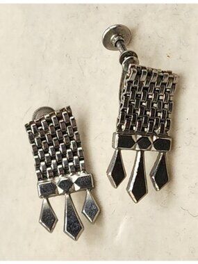 Vintage Silver-Tone Screw Back Dangle Earrings With Geometric Design